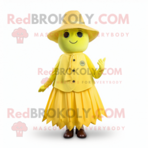 Lemon Yellow Grape mascot costume character dressed with a Pleated Skirt and Hat pins