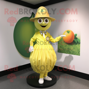 Lemon Yellow Grape mascot costume character dressed with a Pleated Skirt and Hat pins