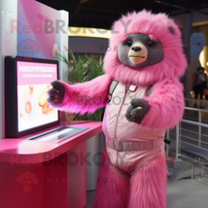 Pink Sloth Bear mascot costume character dressed with a Jumpsuit and Bracelets