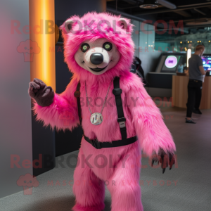 Pink Sloth Bear mascot costume character dressed with a Jumpsuit and Bracelets