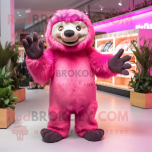 Pink Sloth Bear mascot costume character dressed with a Jumpsuit and Bracelets