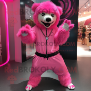 Pink Sloth Bear mascot costume character dressed with a Jumpsuit and Bracelets