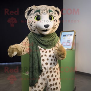 Olive Cheetah mascot costume character dressed with a Cardigan and Shawls