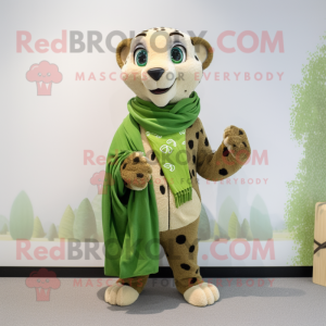 Olive Cheetah mascot costume character dressed with a Cardigan and Shawls
