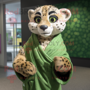 Olive Cheetah mascot costume character dressed with a Cardigan and Shawls