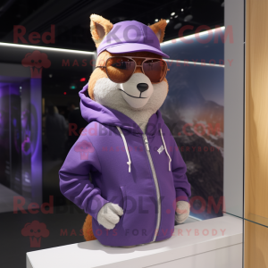 Lavender Marten mascot costume character dressed with a Hoodie and Sunglasses