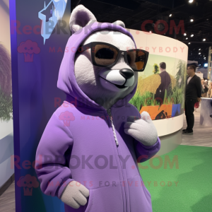 Lavender Marten mascot costume character dressed with a Hoodie and Sunglasses