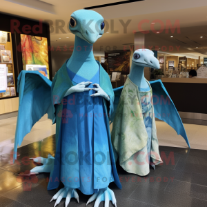Sky Blue Dimorphodon mascot costume character dressed with a Maxi Dress and Shawls