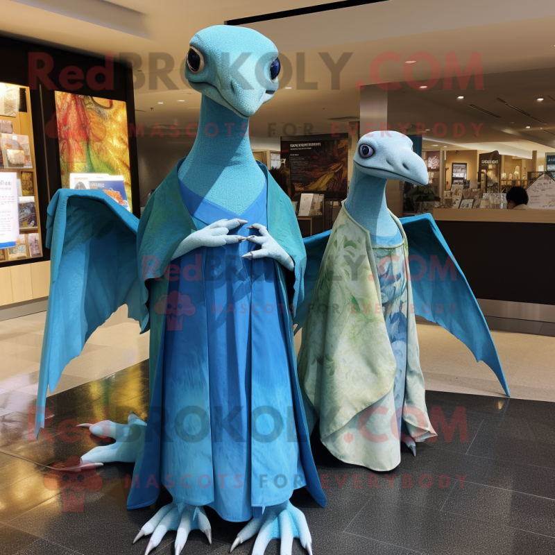 Sky Blue Dimorphodon mascot costume character dressed with a Maxi Dress and Shawls Sky Blue Dimorphodon mascot costume character dressed with a Maxi Dress and Shawls