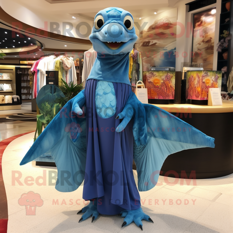 Sky Blue Dimorphodon mascot costume character dressed with a Maxi Dress and Shawls