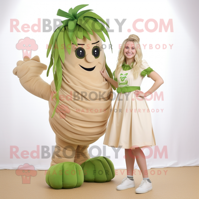 Beige Beanstalk mascot costume character dressed with a Mini Skirt and Hair clips Beige Beanstalk mascot costume character dressed with a Mini Skirt and Hair clips