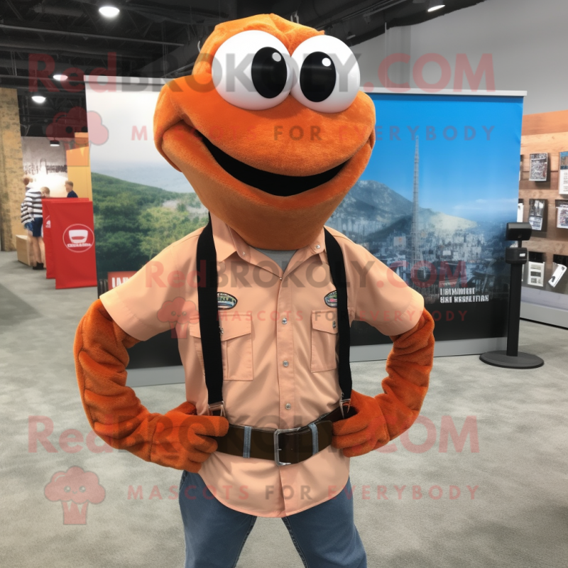 Rust Shrimp Scampi mascot costume character dressed with a Poplin Shirt and Necklaces Rust Shrimp Scampi mascot costume character dressed with a Poplin Shirt and Necklaces
