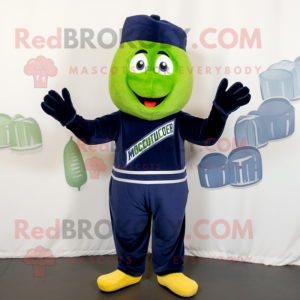 Navy Zucchini mascot costume character dressed with a Joggers and Mittens