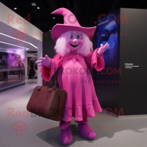 Pink Witch mascot costume character dressed with a Coat and Messenger bags