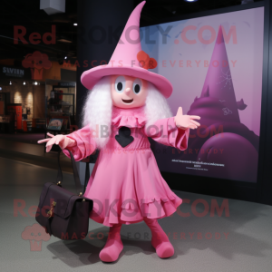 Pink Witch mascot costume character dressed with a Coat and Messenger bags