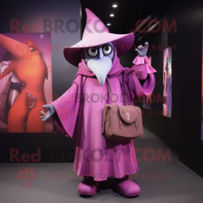 Pink Witch mascot costume character dressed with a Coat and Messenger bags