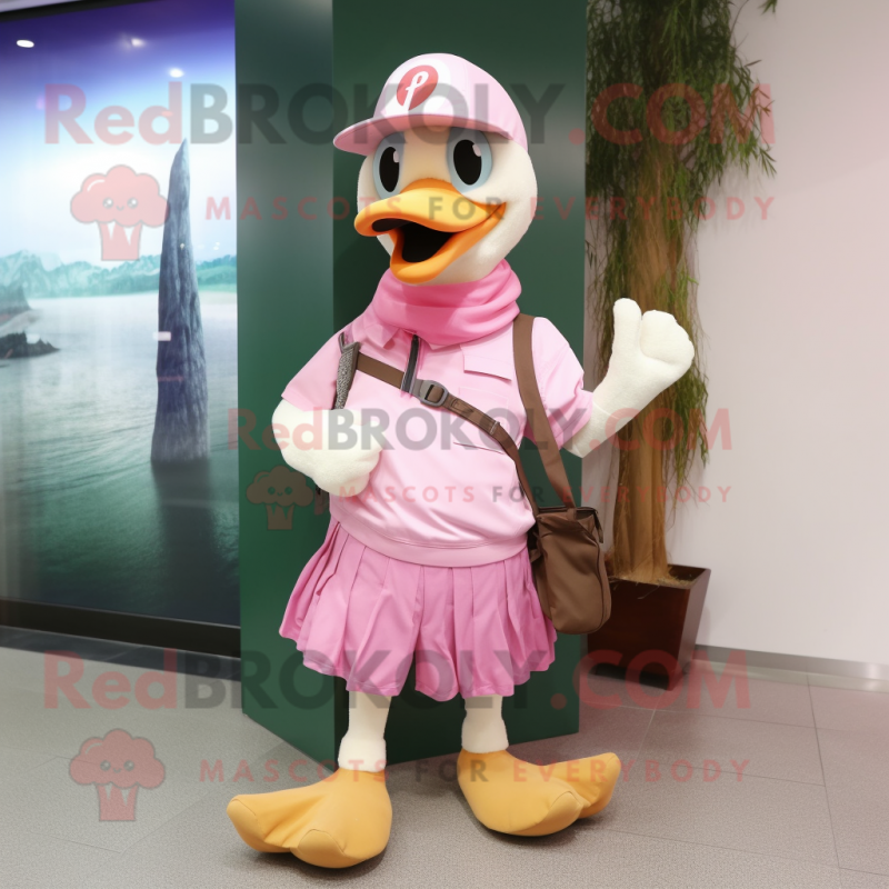 Pink Swans mascot costume character dressed with a Cargo Shorts and Scarf clips Pink Swans mascot costume character dressed with a Cargo Shorts and Scarf clips