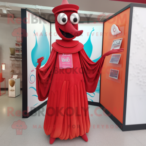 Red Stilt Walker mascot costume character dressed with a Evening Gown and Wallets
