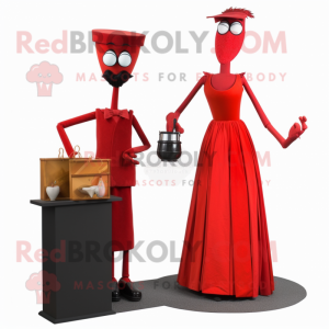 Red Stilt Walker mascot costume character dressed with a Evening Gown and Wallets