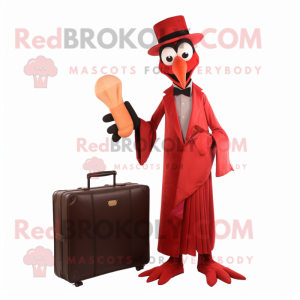 Red Stilt Walker mascot costume character dressed with a Evening Gown and Wallets