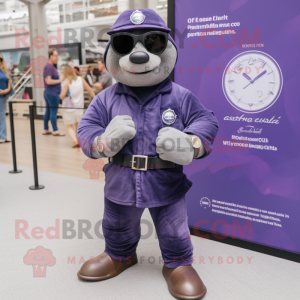 Purple Navy Seal mascot costume character dressed with a Button-Up Shirt and Bracelet watches