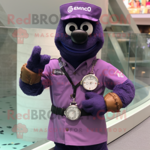 Purple Navy Seal mascot costume character dressed with a Button-Up Shirt and Bracelet watches