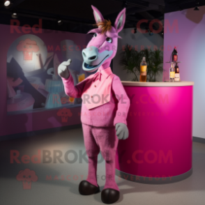 Pink Donkey mascot costume character dressed with a Cocktail Dress and Suspenders