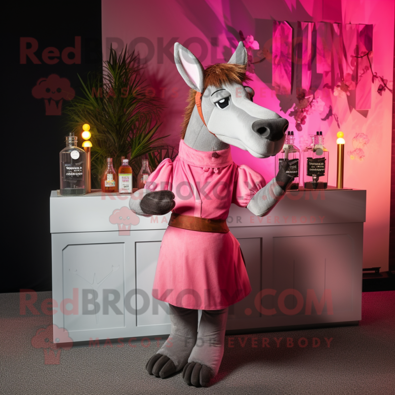 Pink Donkey mascot costume character dressed with a Cocktail Dress and Suspenders
