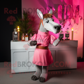 Pink Donkey mascot costume character dressed with a Cocktail Dress and Suspenders