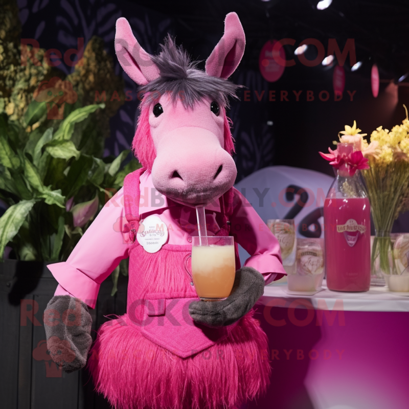 Pink Donkey mascot costume character dressed with a Cocktail Dress and Suspenders