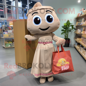 Tan Pho mascot costume character dressed with a Dress and Tote bags