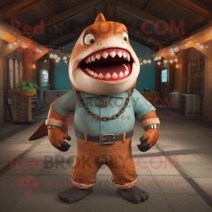 Rust Megalodon mascot costume character dressed with a Capri Pants and Necklaces