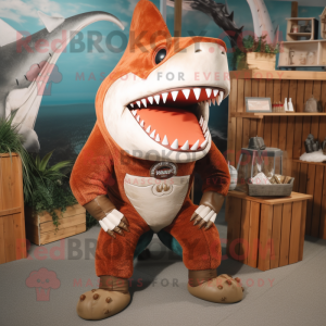 Rust Megalodon mascot costume character dressed with a Capri Pants and Necklaces