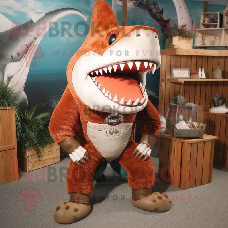 Rust Megalodon mascot costume character dressed with a Capri Pants and Necklaces Rust Megalodon mascot costume character dressed with a Capri Pants and Necklaces