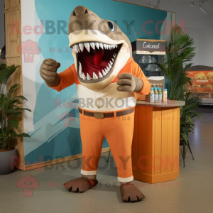 Rust Megalodon mascot costume character dressed with a Capri Pants and Necklaces