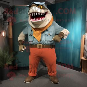 Rust Megalodon mascot costume character dressed with a Capri Pants and Necklaces