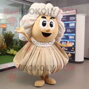 Tan Oyster mascot costume character dressed with a Maxi Skirt and Hair clips