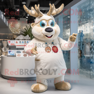 Cream Reindeer mascot costume character dressed with a Flare Jeans and Coin purses