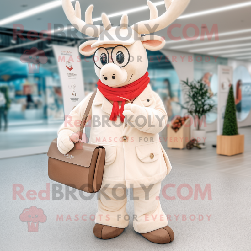 Cream Reindeer mascot costume character dressed with a Flare Jeans and Coin purses Cream Reindeer mascot costume character dressed with a Flare Jeans and Coin purses