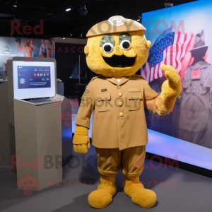 Gold American Soldier mascot costume character dressed with a Mini Dress and Mittens