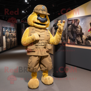 Gold American Soldier mascot costume character dressed with a Mini Dress and Mittens