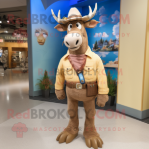 Tan Elk mascot costume character dressed with a Boyfriend Jeans and Hat pins