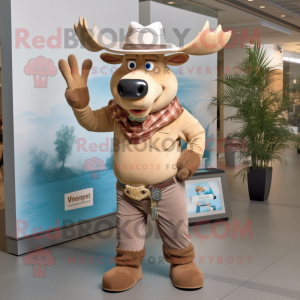 Tan Elk mascot costume character dressed with a Boyfriend Jeans and Hat pins