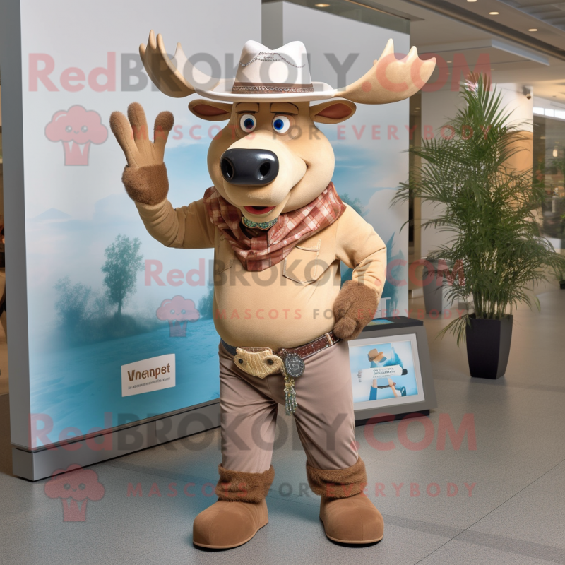 Tan Elk mascot costume character dressed with a Boyfriend Jeans and Hat pins Tan Elk mascot costume character dressed with a Boyfriend Jeans and Hat pins