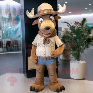 Tan Elk mascot costume character dressed with a Boyfriend Jeans and Hat pins