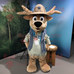 Tan Elk mascot costume character dressed with a Boyfriend Jeans and Hat pins