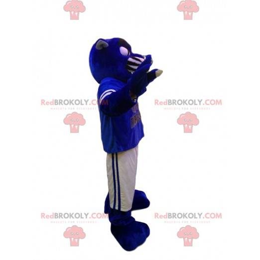 Mascote da pantera azul com roupa esportiva branca e azul -