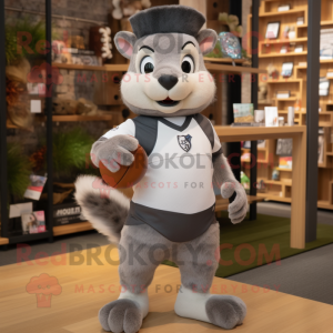 Gray Squirrel mascot costume character dressed with a Rugby Shirt and Beanies