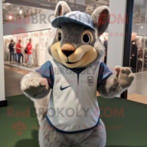 Gray Squirrel mascot costume character dressed with a Rugby Shirt and Beanies