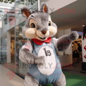 Gray Squirrel mascot costume character dressed with a Rugby Shirt and Beanies